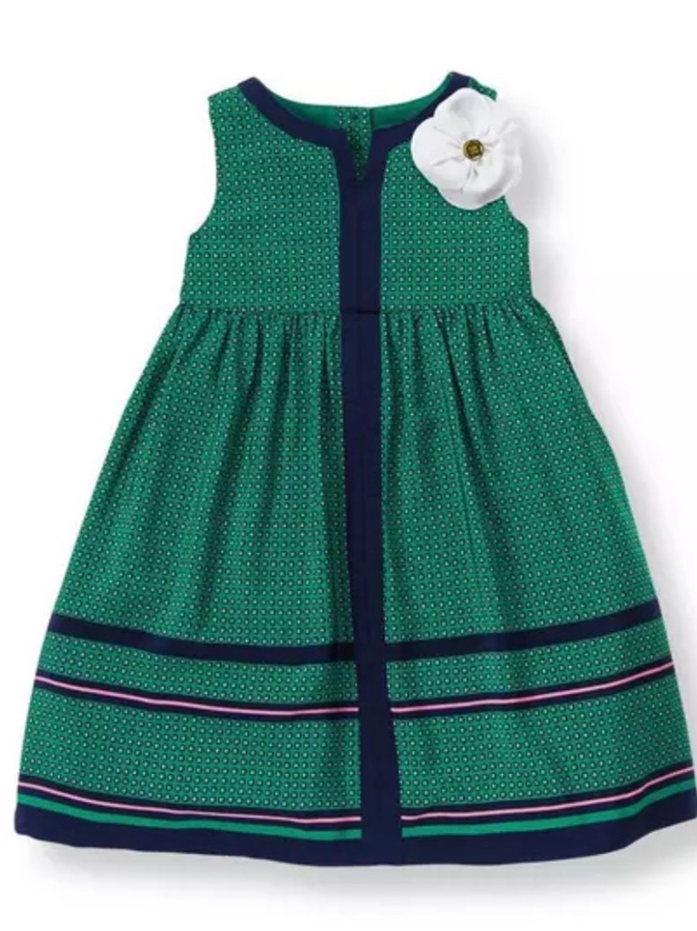 Courtside Prep Dot Dress- Green Geometric Print with Floral Appliqué